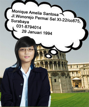 Monique Amelia Santosa<br>Jl.Wonorejo Permai Sel XI-22/cc675, Surabaya<br>031-8794014<br>29 Januari 1994<br>